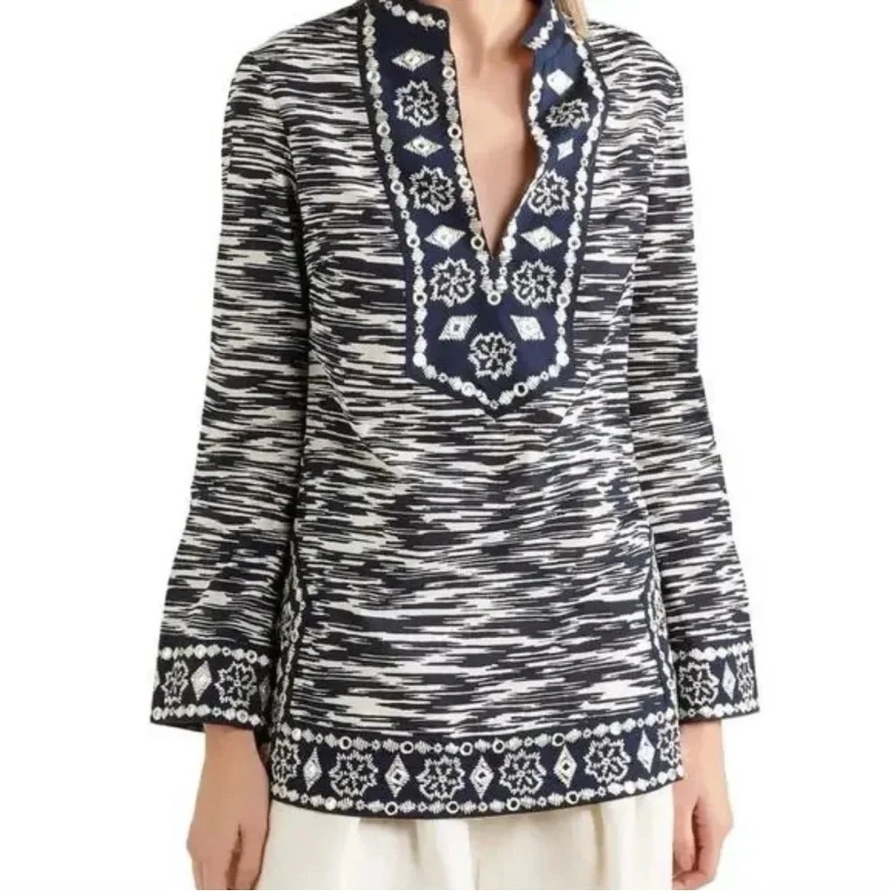 Tory Burch Navy and Ivory Space-Dye Embroidered Tunic Top women’s 6